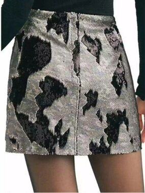 NWT Free People Iridescent Sequin Mini Skirt Silver with Black Flip Accents